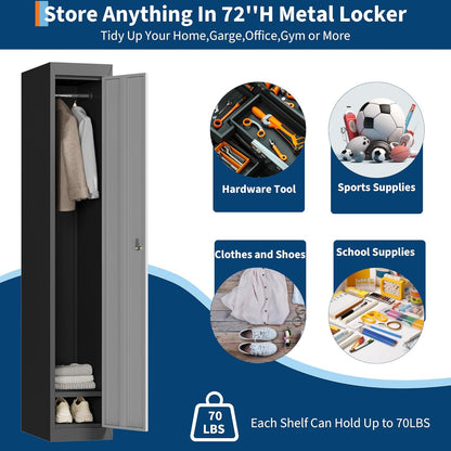 1 Door Tall Single Metal Locker, Metal Lockers for Employees with Keys, 72” Black Employee Storage Cabinet with Doors, Steel Storage Cabinets Lockable for School, Gym, Home, Office, Mudroom, Black