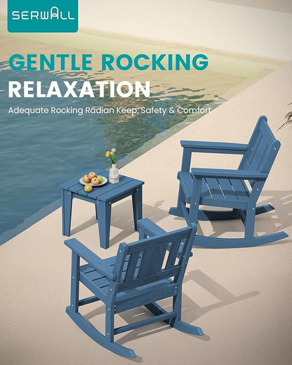 SERWALL Outdoor Rocking Bistro Set, HDPE Patio Furniture Set, Porch Rocking Chair Set with Table for Backyard, Balcony, and Garden- Blue
