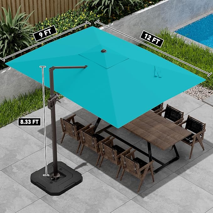 9' X 12' Cantilever Patio Umbrella with Base Included 360°Rotation Rectangular Outdoor Large Offset Umbrellas Heavy Duty Windproof for Garden Deck Pool, Turquoise