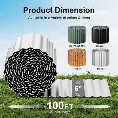 Land Guard Corrugated Garden Edging Border, 6" x 100' Landscape Paver Edging, Tall Landscape Edging, Fence for Garden, Flower Bed, Lawn and Landscape Edging(Silver)