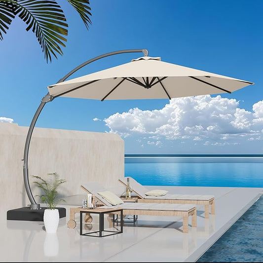 Kingdura 12ft Cantilever Patio Umbrella with Base Included, Large Round Offset Outdoor Pool Umbrella, 360° Rotation & Infinite Tilt, Heavy Duty Aluminum Frame for Deck Backyard, Creamy White