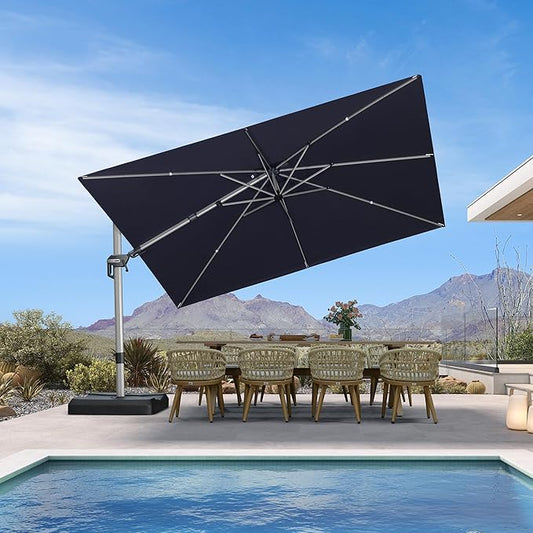 PURPLE LEAF 11.5' X 8' Left-right Tilting Patio Umbrella Outdoor Swivel Cantilever Umbrella Aluminum Offset Umbrella with Champagne Frame and 360-degree Rotation for Garden Deck Pool, Navy Blue