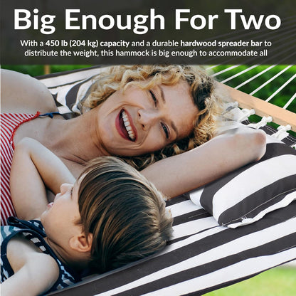 Sunnydaze Quilted Outdoor Hammock with Spreader Bars - Heavy-Duty 450-Pound Capacity Double Hammock for Outside - Black and White