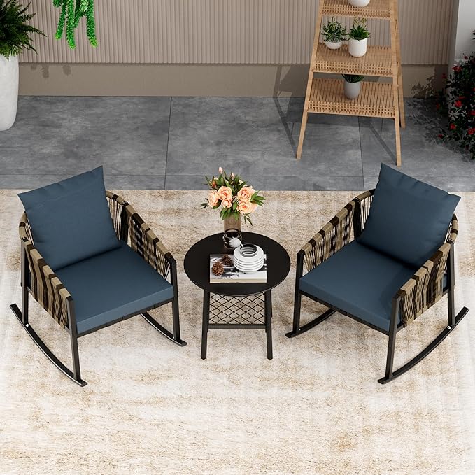 DECMICO 3-Piece Outdoor Wicker Patio Conversation Set, Rocking Bistro Chairs with Round Coffee Table for Small Space Balcony Backyard Garden, Blue