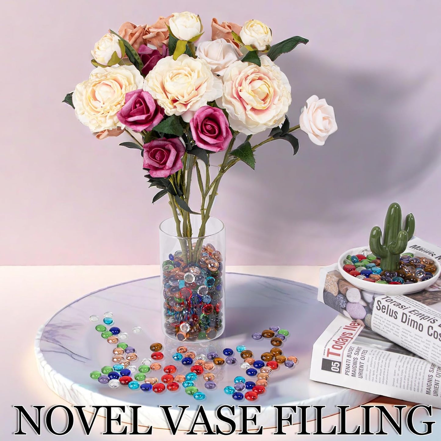 2LB Mini Glass Gems,Mixed Colour Mancala Stones Flat Bottom Marble Beads for Home Decorative Art Craft Vase Filler(0.5"~0.7")