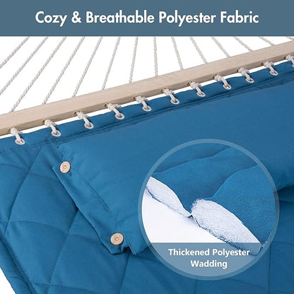 ANOW Double Hammock with 12 Feet Heavy Duty Steel Stand Combo, 2 Person Quilted Hammock with Stand for Outside, 450 LBS Weight Capacity, Blue