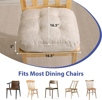 Chair Cushions for Dining Chairs, Dining Chair Cushions, Tufted Indoor Chair Pads with Ties & Non Slip Backing, Seat Cushions for Kitchen Chairs 16.5” x 16.5” x 3.5”, Set of 2, Beige