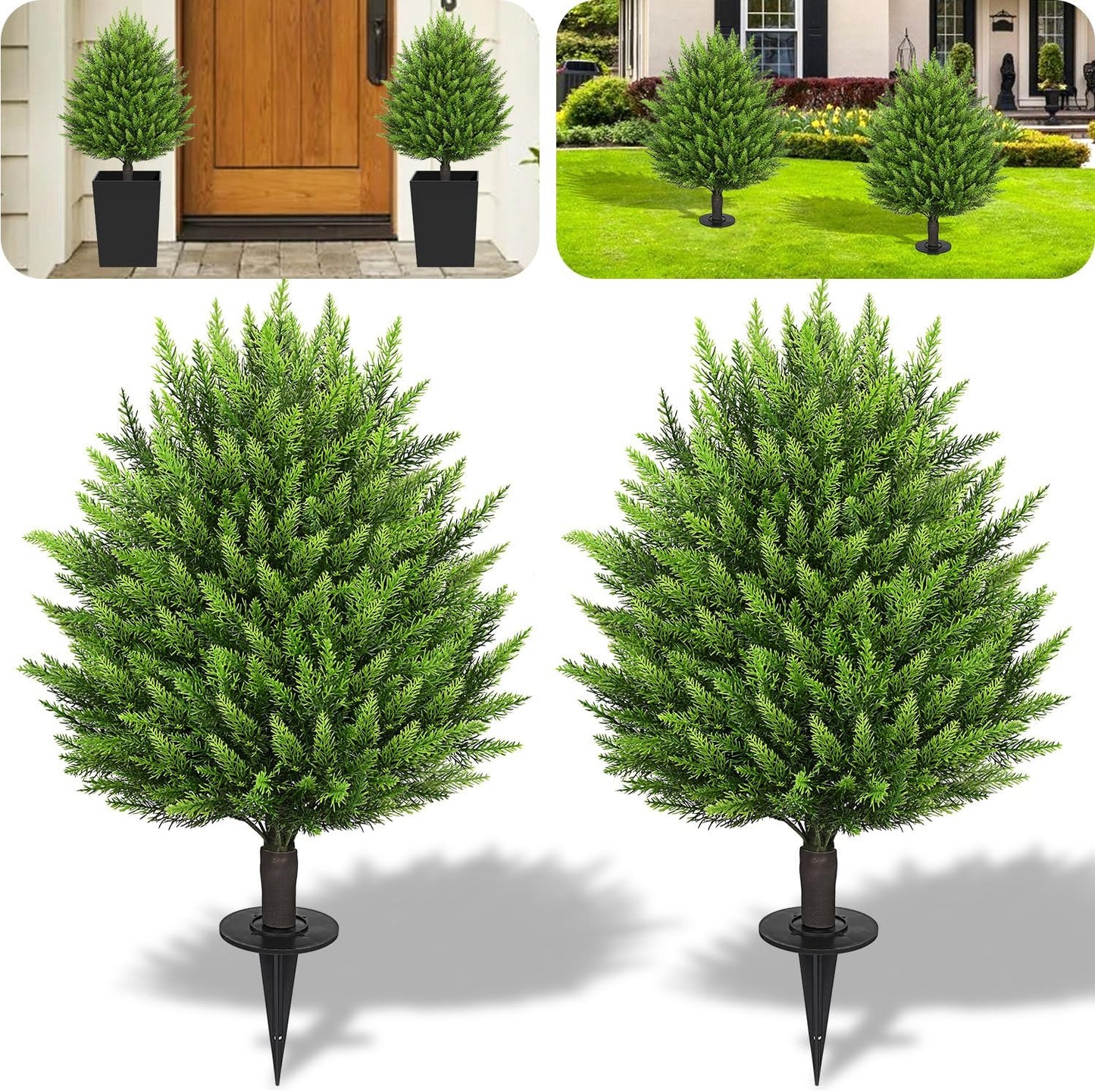 31" Artificial Cedar Topiary Ball Trees with Ground Spike,2 Pack Fake Pine Shrubs Bushes, UV Resistant Faux Evergreen Cypress Tree Plants for Indoor Outdoor Planters Front Porch Garden Decor