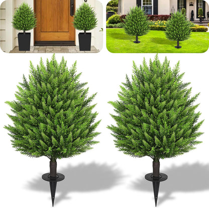 31" Artificial Cedar Topiary Ball Trees with Ground Spike,2 Pack Fake Pine Shrubs Bushes, UV Resistant Faux Evergreen Cypress Tree Plants for Indoor Outdoor Planters Front Porch Garden Decor