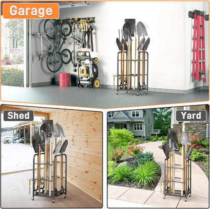 TORACK Garden Tool Organizer Stand with Wheels, Rakes Shovels Yard Tools Stand for Garage, Shed, Garden, Indoor/Outdoor Long-Handled Tools Cart