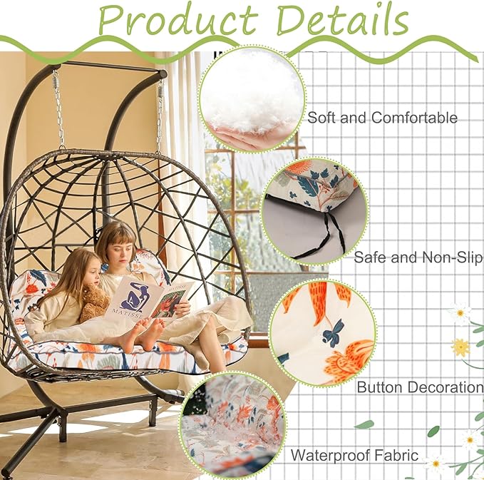 Swing Replacement Cushions with Backrest, 2 or 3 Seater Waterproof Non-Slip Overstuffed Swing Pad, Outdoor Bench Cushion for Porch Chair Swings Garden Furniture (Spring Warmth, 40 * 63 in)