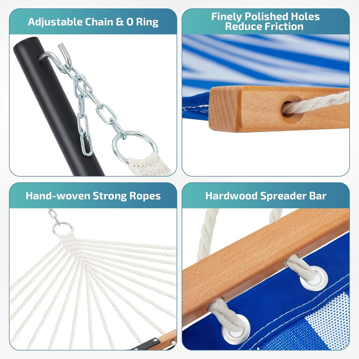 Two Person Hammock with Stand Heavy Duty, Outdoor Patio Hammock with Portable Steel Stand, Large Double Hammocks with Quick Dry Textilene Fabric,480lbs Capacity.(Blue White)