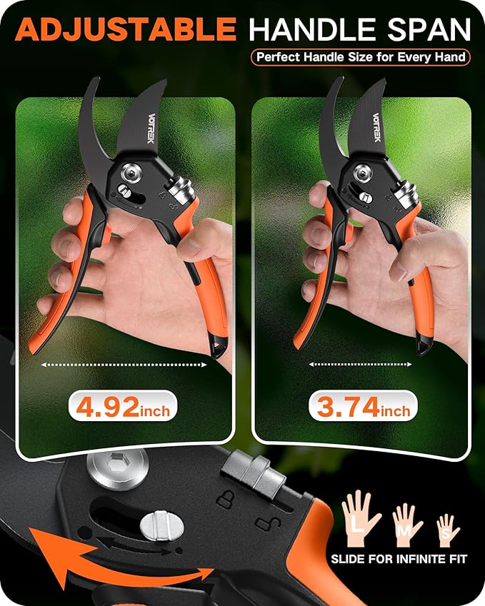 8.5" Pruning Shears for Gardening, 【Unique Stepless Handle Opening】Professional Bypass Garden Clipper, Heavy Duty Plant Pruners for Branch 【SK5 Steel Blades】【Built-in Spring】【All Hand Sizes】