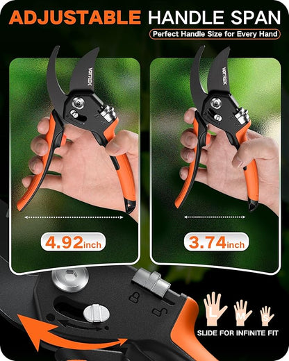 8.5" Pruning Shears for Gardening, 【Unique Stepless Handle Opening】Professional Bypass Garden Clipper, Heavy Duty Plant Pruners for Branch 【SK5 Steel Blades】【Built-in Spring】【All Hand Sizes】