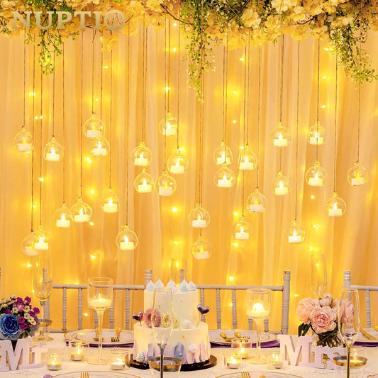 NUPTIO Hanging Glass Globe with Candles: Set of 12 Tealight Candle Holders with LED Tea Lights - 2.36 inch Bulk Clear Votive Candleholders for Party Wedding Birthday Shower Celebration Tree Decoration