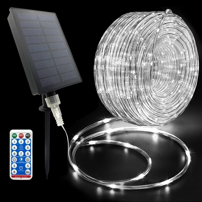 Solar Rope Lights Outdoor Waterproof LED, 66ft 200 LEDs Cold White String Lights,8 Lighting Modes Tube Lights with Remote for Christmas Garden Swimming Pool Trampoline
