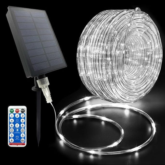 Solar Rope Lights Outdoor Waterproof LED, 66ft 200 LEDs Cold White String Lights,8 Lighting Modes Tube Lights with Remote for Christmas Garden Swimming Pool Trampoline