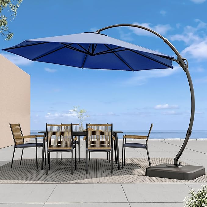 LAUSAINT HOME Sunbrella Outdoor Patio Umbrella with Base, 12FT Deluxe Curvy Cantilever Umbrella Offset Hanging Umbrella with 360° Rotation for Market, Pool, Deck, Garden, Backyard (Sunbrella Navy Blue)