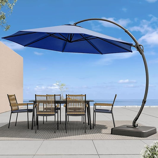 LAUSAINT HOME Outdoor Patio Umbrella with Base included, 12 FT Deluxe Curvy Cantilever Umbrella Offset Hanging umbrella with 360° Rotation for Market, Pool, Garden, Backyard, Deck (Navy Blue, 12 FT)