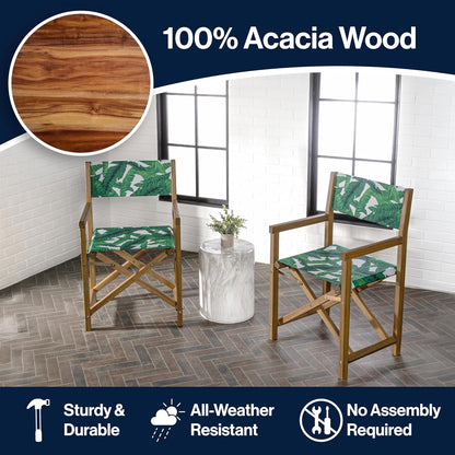 JONATHAN Y DRC1001A-SET2 Cukor Classic Vintage Outdoor Acacia Wood Folding Director Chair with Canvas Seat Mid-Century, Modern, Traditional, Classic, Coastal, Green Leaf/Teak Brown (Set of 2)