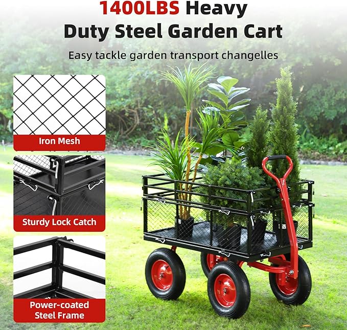 1400 LBS Steel Garden Yard Cart, Heavy-Duty Metal Garden Wagon Convertible 2-in-1 Handle and Removable Sides to Convert into Flatbed Lawn and Utility Wagons Cart