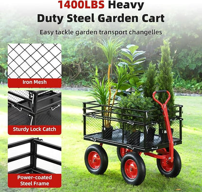 1400 LBS Steel Garden Yard Cart, Heavy-Duty Metal Garden Wagon Convertible 2-in-1 Handle and Removable Sides to Convert into Flatbed Lawn and Utility Wagons Cart