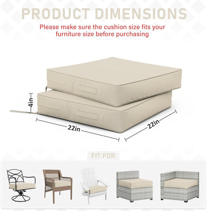 Patio Chair Cushions 22 X 22 X 4 Inch Waterproof Outdoor Seat Cushions for Patio Furniture, Outdoor Sofa Couch Pads with Ties & Handle, Set of 2, Cream