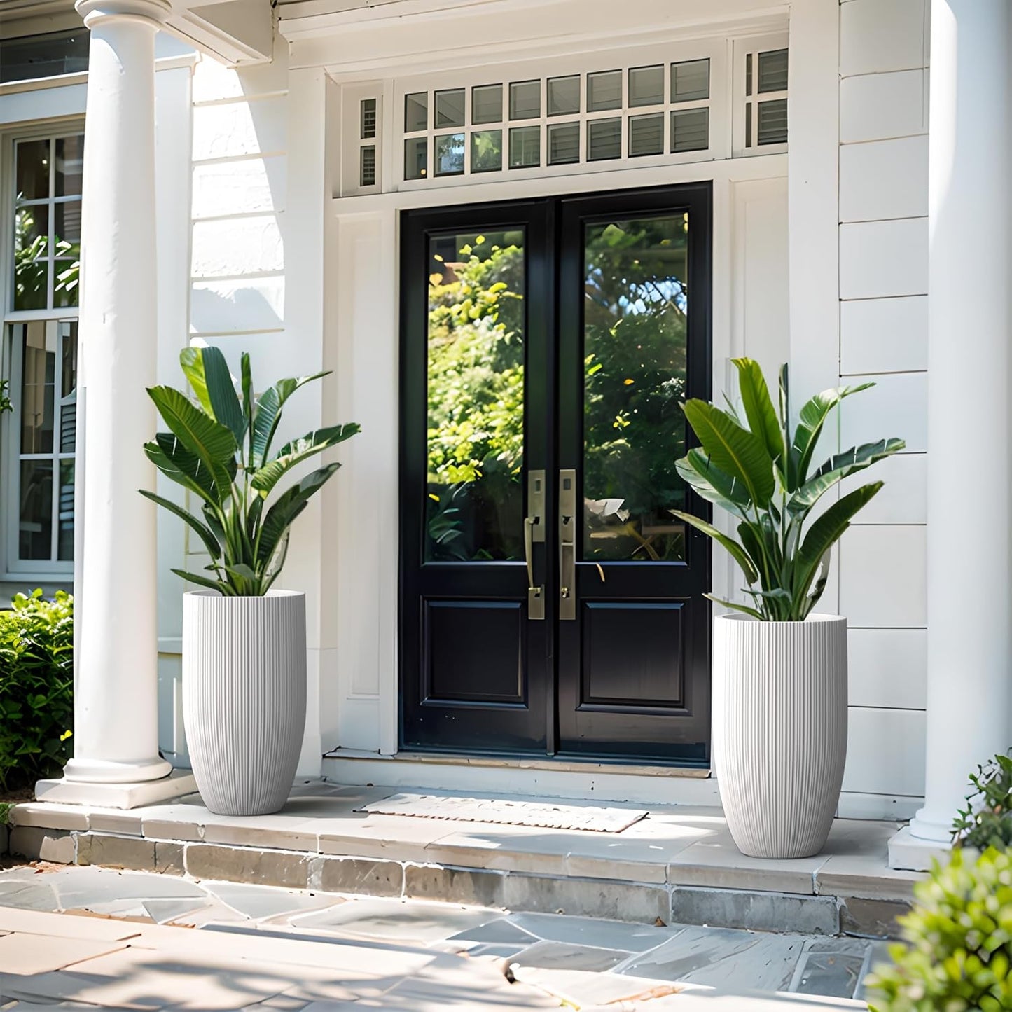 Kante 24 Inch Tall Round Concrete Planter, Large Indoor Outdoor Plant Pots with Drainage Hole and Rubber Plug, Modern Decorative Garden Pots for Home Patio Porch, Textured White