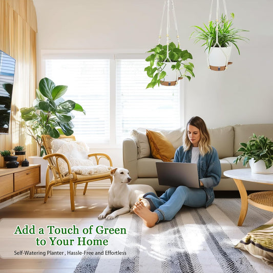 Hanging Planter for Indoor Plants 8 Inch, 2 Pack Hanging Baskets for Plants, Self Watering Hanging Flower Pots with Drainage Hole & 2 Kinds of Plant Hangers for Garden Home Decor (White, 8 inch)