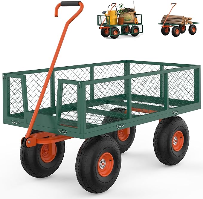 900LB Capacity Garden Cart, 3-in-1 Heavy Duty Utility Wagon with 13" All-Terrain Tires, Removable Mesh Sides & 180° Swivel Handle - Outdoor Yard Cart for Gardening, Farming, Patio Use