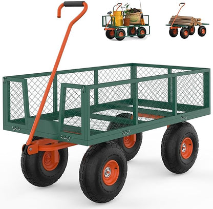 900LB Capacity Garden Cart, 3-in-1 Heavy Duty Utility Wagon with 13" All-Terrain Tires, Removable Mesh Sides & 180° Swivel Handle - Outdoor Yard Cart for Gardening, Farming, Patio Use
