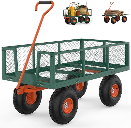 900LB Capacity Garden Cart, 3-in-1 Heavy Duty Utility Wagon with 13" All-Terrain Tires, Removable Mesh Sides & 180° Swivel Handle - Outdoor Yard Cart for Gardening, Farming, Patio Use