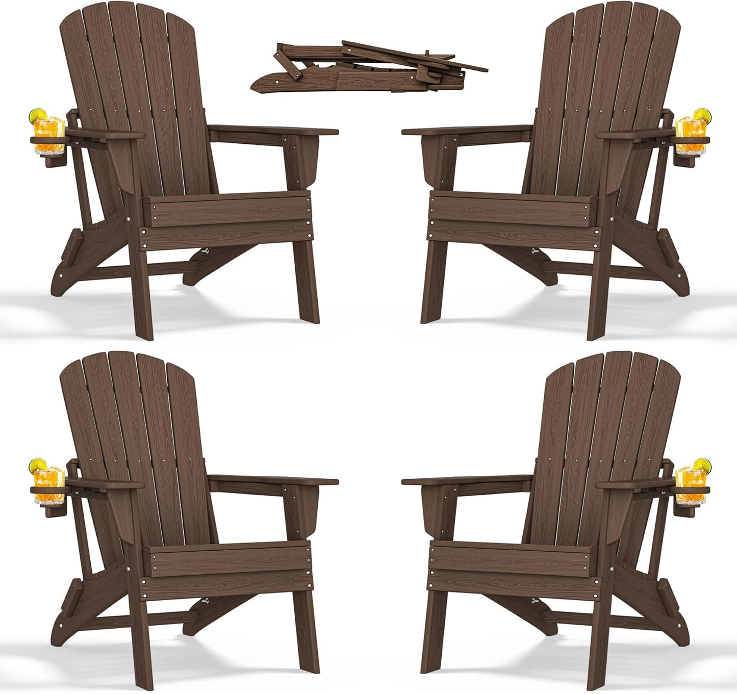 Folding Adirondack Chair with Cup Holder Set of 4, HDPE Patio Chairs,All-Weather Outdoor Chairs for Backyard, Deck,Fire Pit-Coffee