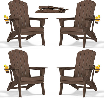 Folding Adirondack Chair with Cup Holder Set of 4, HDPE Patio Chairs,All-Weather Outdoor Chairs for Backyard, Deck,Fire Pit-Coffee