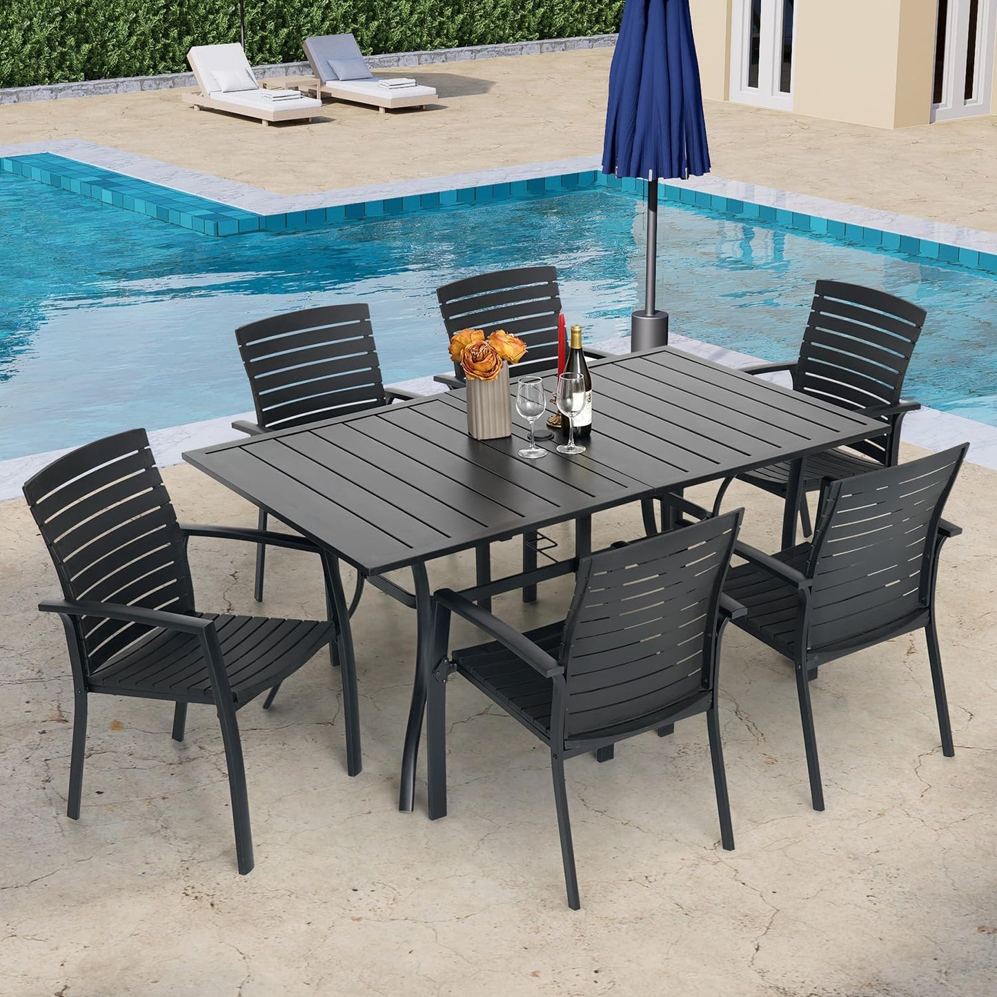 Outdoor Patio Table for 6 Person, Patio Dining Rectangle Table with 1.57" Umbrella Hole for Garden Lawn Backyard Parties, Black Metal Frame 63" L x 38" W x 28" H