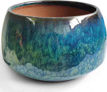 Reactive Glaze Peacock Color 11" Ceramic Plant Pot, Large Blue Green Planter Artisan Flower Pot with Drainage Hole, Breathable Planter for Indoor Outdoor Plants