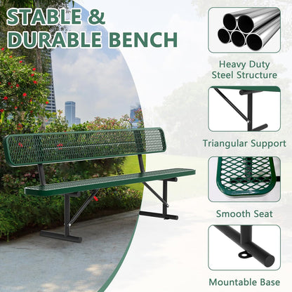 Heavy Duty Park Bench with Back Portable Frame, Outdoor Steel Bench with Backrest, Outdoor Park Bench Expanded Metal Mesh Bench for Lawn, Park, Deck, Garden, Patio, Porch, Black (Green, 8FT)