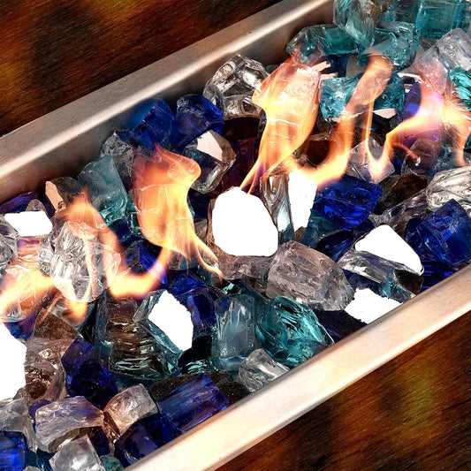 Mr. Fireglass 10 Pounds Blended Fire Glass - 1/2 Inch Mixed Colored High Luster Reflective Tempered Glass Rocks for Fireplace Fire Pit Table Fireplace and Landscaping, Aqua Blue+Cobalt Blue+Platinum
