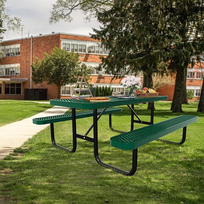 72'' Rectangular Steel Picnic Table for Outdoors,Commercial Metal Picnic Table Bench Set with Umbrella Hole,School Canteen Table W/Seats - Heavy Duty Sturdy Picnic Tables Furniture for Patio Garden