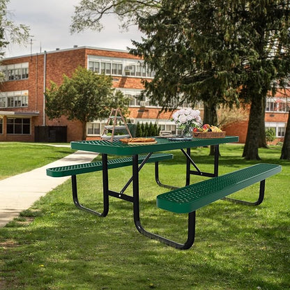 48'' Rectangular Steel Picnic Table for Outdoors,Commercial Metal Picnic Table Bench Set with Umbrella Hole,School Canteen Table W/Seats - Heavy Duty Sturdy Picnic Tables Furniture for Patio Garden