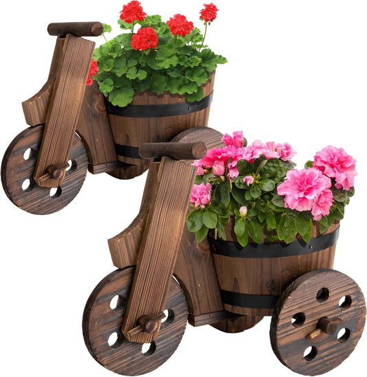 Adnee 2 Pcs Wooden Barrel Tricycle Planter-Rustic Cart Garden Planter Pot-Decorative Raised Barrel Wagon Planter for Indoor Decor Outdoor Patio Lawn Garden Backyard