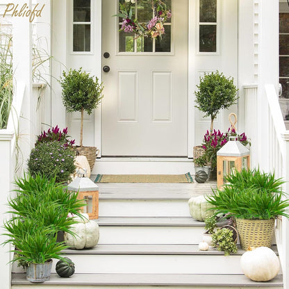 32 Pcs Artificial Grass Fake Plants 17.3in Outdoor Plants UV Resistant Faux Greenery Stems Fake Grass for Home Window Garden Office Patio Pathway Front Porch Halloween Décor Green