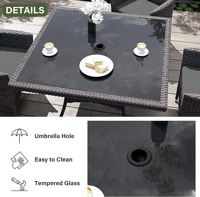 Kurapika 15-Piece Patio Furniture Outdoor Dining Set, Wicker Rattan Patio Dining Table and Chairs Set, Square Tempered Glass Tabletop with Umbrella Hole and 12 Chair Set, Grey