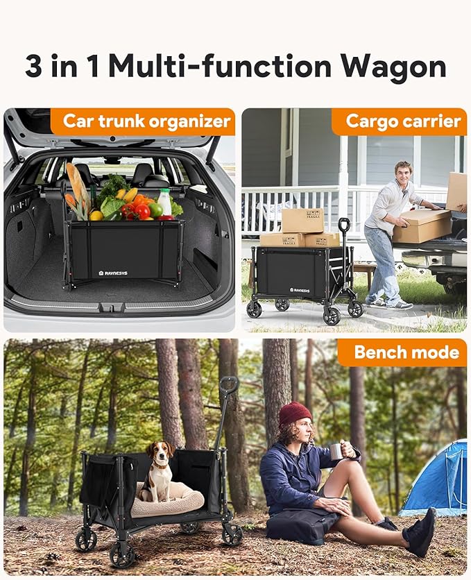 3 in 1 Collapsible Wagon Converts to Bench, 220lbs Foldable Wagon Cart with Wheels, 120L Shopping Cart for Groceries Folding Utility Wagon for Beach, Garden, Camping, Sport, Black