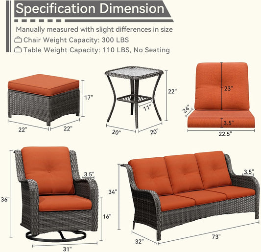 Wicker Patio Furniture Set 6 Piece, Outdoor Furniture Patio Conversation Set Includes 1 Three-Seat Sofa, 2 Swivel Rocker Chairs, 2 Ottomans and 1 Side Table,Orange