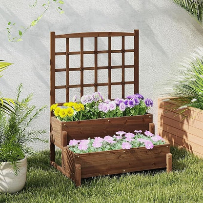 HAPPYGRILL Raised Garden Bed with Trellis, Drainage Holes, 2-Tier Wooden Elevated Planter Box w/Legs for Climbing Plants Vine Flower Herb Vegetable Fruit, Outdoor Garden Box for Patio Balcony (2)