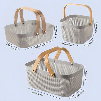 3pcs plastic harvest baskets, foldable wooden handles, rectangular garden storage baskets, for picking and collecting vegetables and fruits in the garden cabinet (Gray)