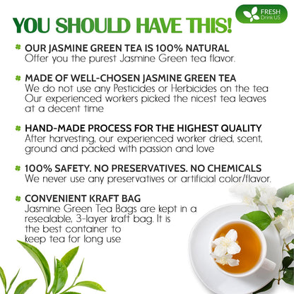 FreshDrinkUS, Premium 40 Jasmine Green Tea Bags, 100% Natural & Pure from Jasmine Green Tea. Jasmine Green Herbal Tea. Made with Natural Material Tea Bags. No Sugar, No Gluten, Vegan.
