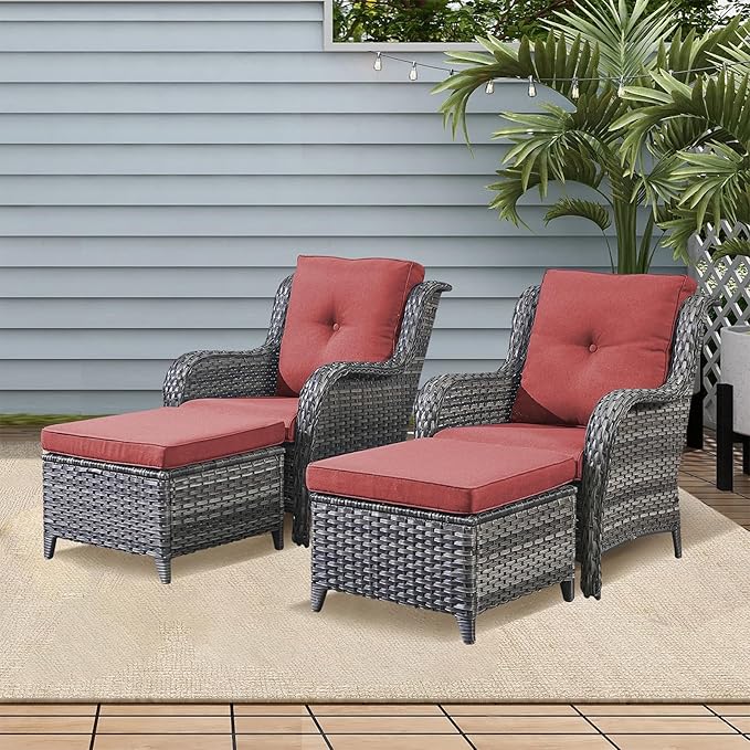 Rilyson Outdoor Patio Furniture Chairs Set - 4 Piece Wicker Rattan Patio Sectional Conversation Sets with 2 Chairs and 2 Ottomans for Porch Deck Balcony Garden(Mixed Grey/Red)