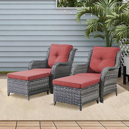 Rilyson Outdoor Patio Furniture Chairs Set - 4 Piece Wicker Rattan Patio Sectional Conversation Sets with 2 Chairs and 2 Ottomans for Porch Deck Balcony Garden(Mixed Grey/Red)